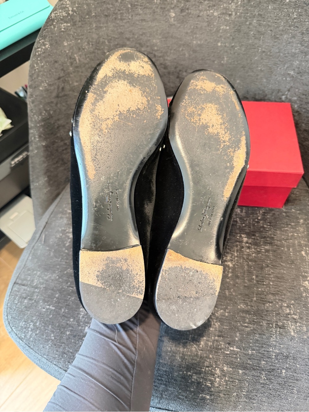 Salvatore Ferragamo Black Velvet Studded Bow Flats with Metallic Logo - Picture 4 of 9